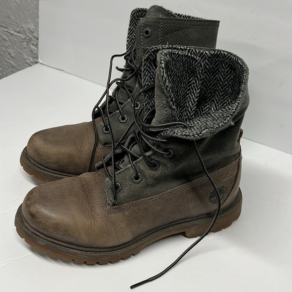 Timberland Harris Tweed Women's Fold Down Leather Boots Size 6.5 Gray Teddy - Picture 2 of 7